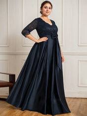 A-line V-Neck Floor-Length Satin Lace Mother of the Bride Dress With Sequins Bow