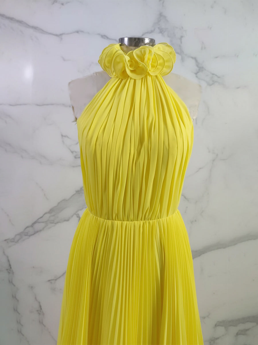 Yellow A Line Pleated Halter Ruffle Long Prom Dress