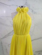 Yellow A Line Pleated Halter Ruffle Long Prom Dress
