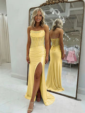 Bodycon Scoop Neck Satin Long Prom Dress with Slit