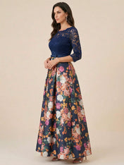Navy Blue Half Sleeves Applique Two-piece Print Floral Mother of the Brides dress
