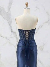 Glamorous Strapless Beaded Corset Satin Prom Dress with Slit