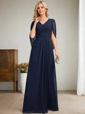 Dark Navy A-Line V-Neck Long Mother of Bride Dress