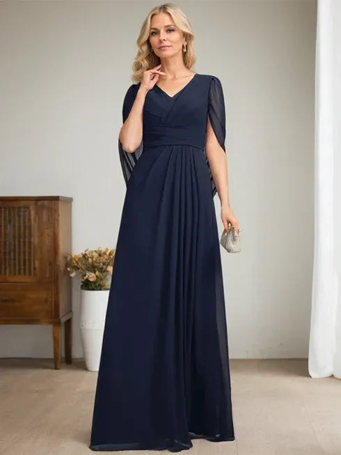 Dark Navy A-Line V-Neck Long Mother of Bride Dress