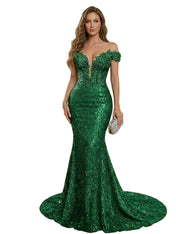 Sparkly Off The Shoulder Sequin Long Mermaid Corset Prom Dresses