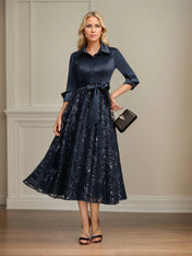 A-line Collared V-Neck Tea-Length Satin Lace Sequin Mother of the Bride Dress With Bow