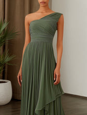 Fall Wedding Guest Dress Green Ruched Asymmetrical Maxi Gown