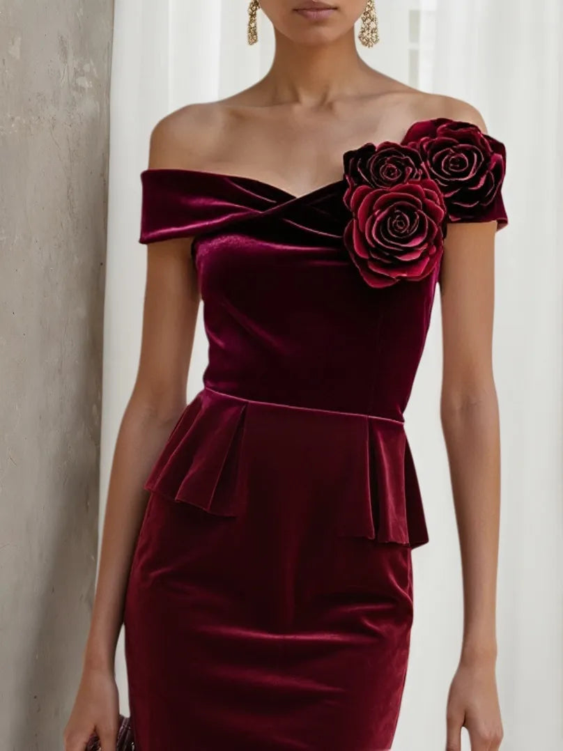 Wine Red 3D Floral Peplum Velvet Off The Shoulder Short Sleeve Sheath Midi Dress