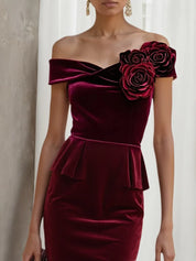 Wine Red 3D Floral Peplum Velvet Off The Shoulder Short Sleeve Sheath Midi Dress