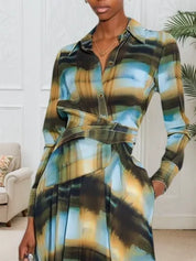Blue Shirt Dress Shirt Collar Long Sleeve A-Line Maxi Dress