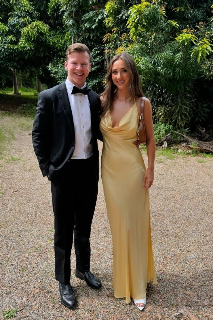 Cowl Neck Yellow Soft Satin Sheath Bridesmaid Dress