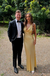 Cowl Neck Yellow Soft Satin Sheath Bridesmaid Dress