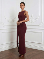 Burgundy Scoop Neck Mermaid Chiffon Maxi Dress with Ruffle