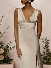 Apricot V Neck Sleeveless Slit Sheath Satin Dress