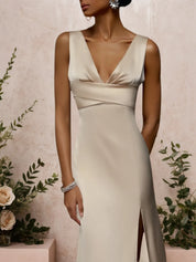 Apricot V Neck Sleeveless Slit Sheath Satin Dress