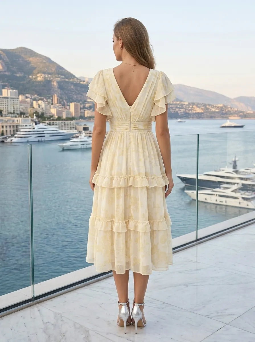 V-Neck Floral Print Ruffle Sleeve Tiered A-Line Midi Dress Gown