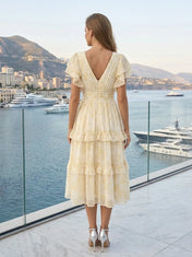 V-Neck Floral Print Ruffle Sleeve Tiered A-Line Midi Dress Gown