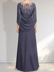 A-line Scoop Illusion Floor-Length Lace Chiffon Mother of the Bride Dress With Pleated Sequins