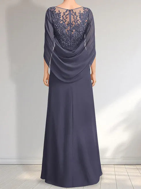 Robe de mère de la mariée trapèze en mousseline de soie et dentelle, longueur au sol, avec décolleté en V et paillettes plissées
