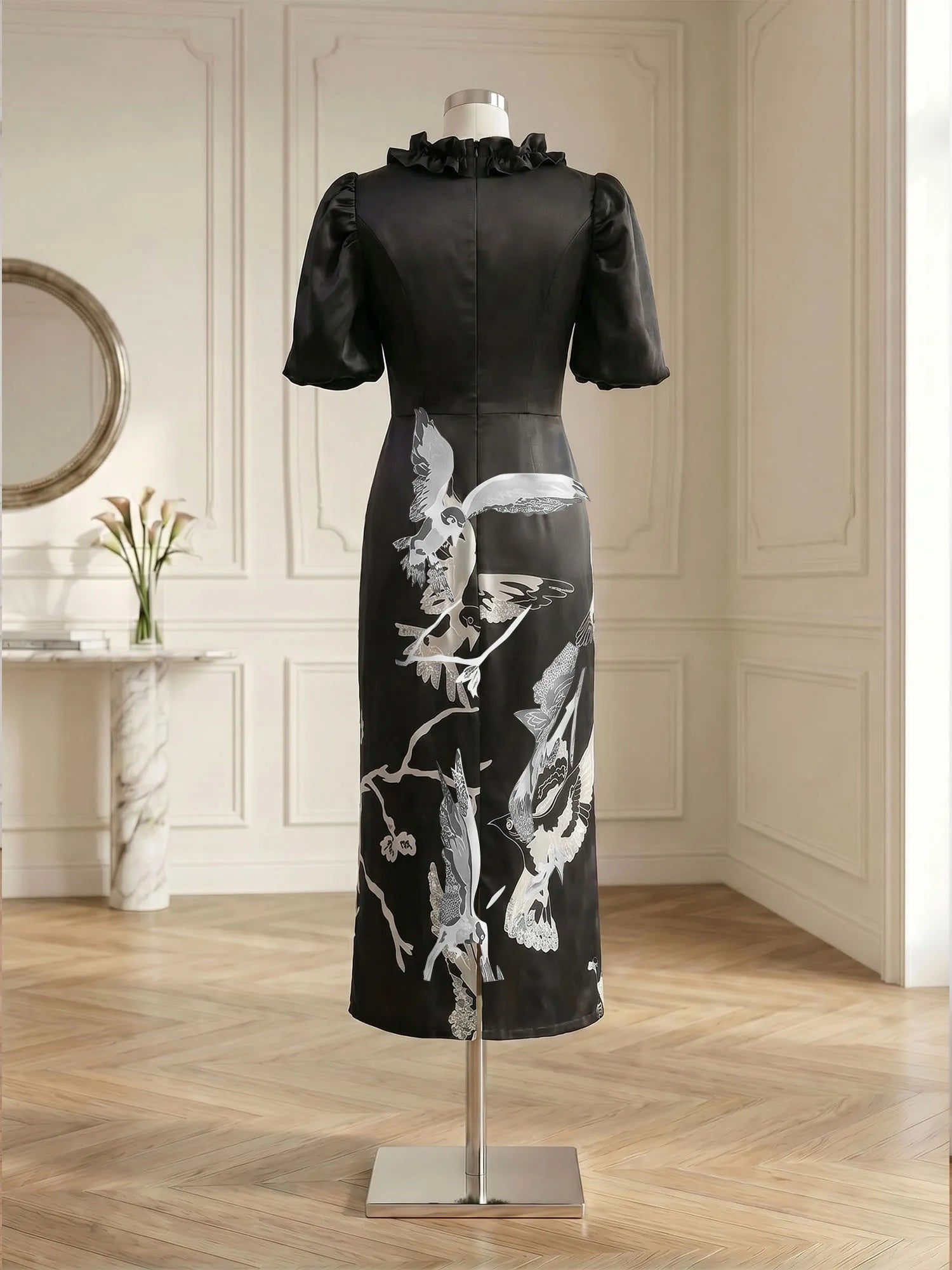 Black Folds V Neck Puff Sleeve Midi Sheath Dress
