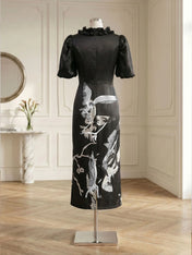 Black Folds V Neck Puff Sleeve Midi Sheath Dress