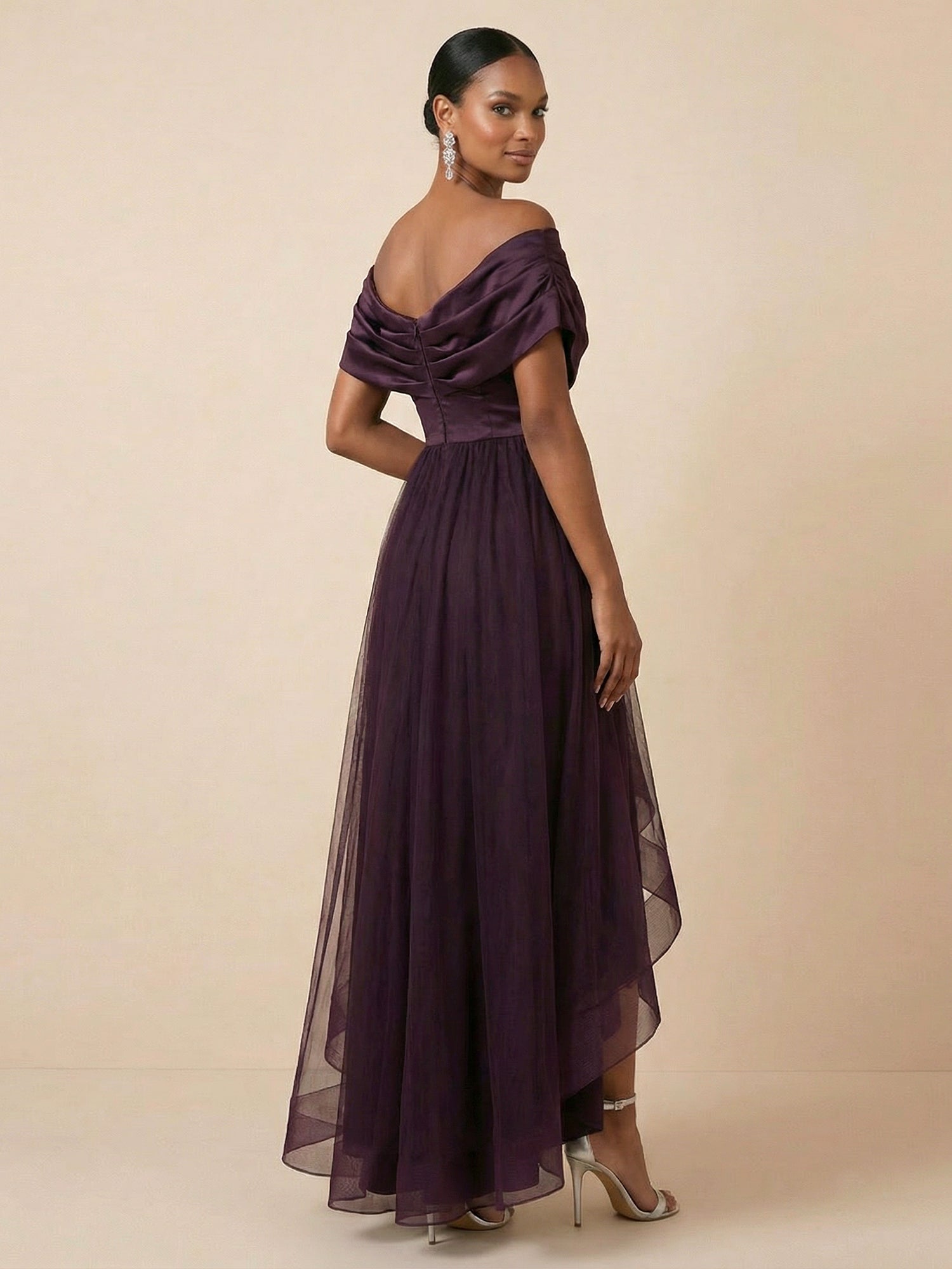 Plum Tulle Off-Shoulder Evening Dress with High-Low Hemline