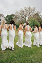 Sheath Halter White Silk Satin Long Bridesmaid Dresses