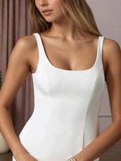 White Mermaid Scoop Sequins Crepe Back Satin Wedding Dress