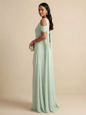 Sage Green Cape Sleeve Chiffon Evening Dress with Ruched Waist