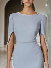 Formal Dress Blue with Pearls Maxi Mother of the Bride Dress