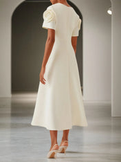 Off-White 3D Floral Short Sleeve V Neck A-Line Maxi Dress