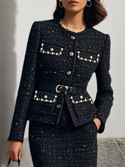 Women Black Tweed Beaded Crew Neck Long Sleeve Coat With Skirt Two-Piece Set