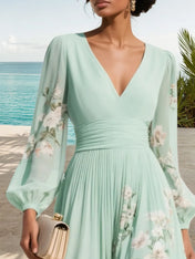 Light Green Ruched Floral Chiffon V Neck Long Sleeve Balloon Sleeve A-Line Maxi Dress