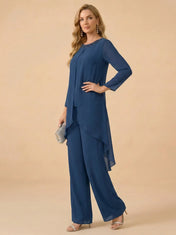 Beaded Neckline Asymmetric Chiffon Wide-Leg Mother of the Bride Pant Set