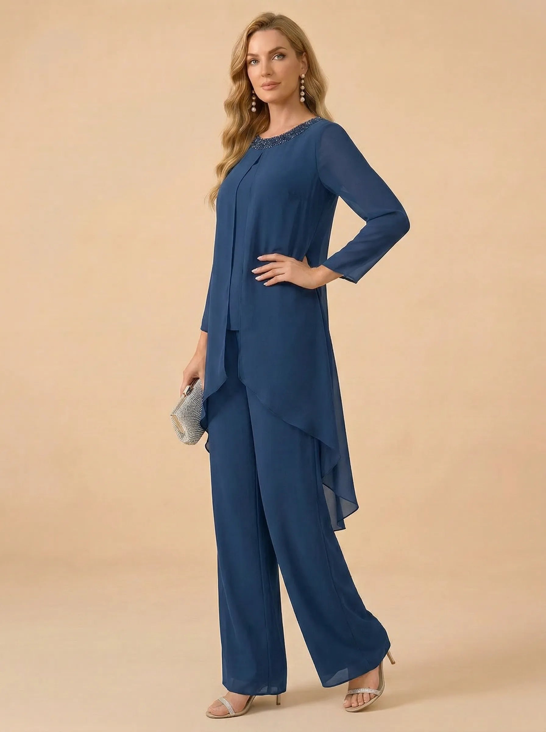 Beaded Neckline Asymmetric Chiffon Wide-Leg Mother of the Bride Pant Set