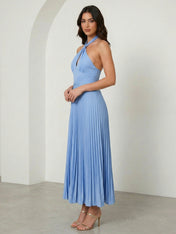 Blue Halter Neck Mermaid Chiffon Maxi Dress with Pleat