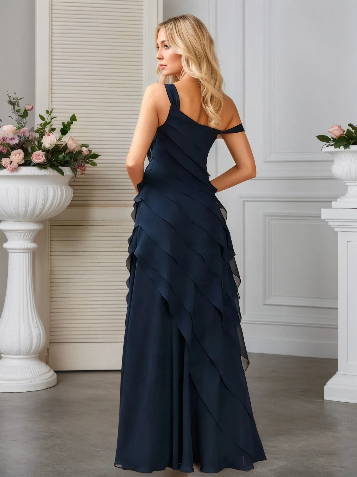A-line One Shoulder Floor-Length Chiffon Evening Dress With Cascading Ruffles Flower
