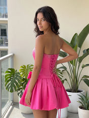 Fuchsia Pearl Corset Short Homecoming Dresses Large Waist Bow Lace Up Back