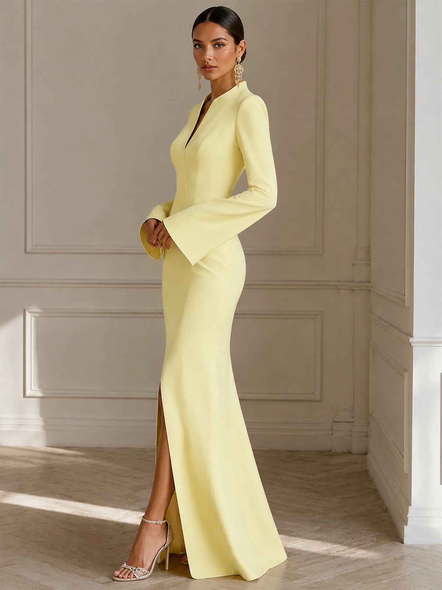 Formal Yellow V Neck Long Sleeves Floor Length Dress With Slit