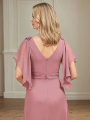 A Line V Neck Appliqued Floor Length Mother of the Bride Dress with Ruffles