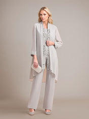 Elegant Sleeveless Appliques Silver Chiffon Mother of Bride Jumpsuit with Wrap