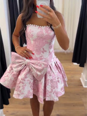 Strapless Pearl-Trimmed Floral Jacquard Mini Dress with Side Bow Homecoming Dresses