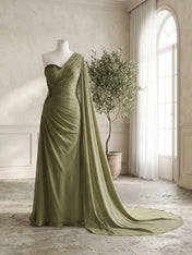 Sage Green One Shoulder Beaded Evening Gown with Cape Sleeve