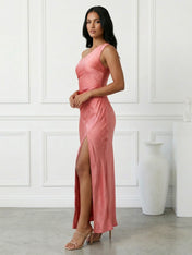 Navy Blue One Shoulder Mermaid Maxi Dress with Slit