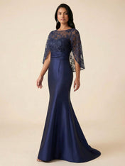 Navy Blue Flutter Sleeves Mermaid Evening Gown with Lace Capelet
