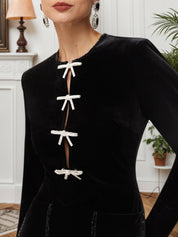 Black Bow Rhinestone Velvet Crew Neck Long Sleeve Sheath Maxi Dress