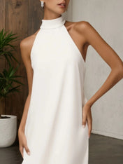 Semi-Formal Paryt Dress White Halter Neck Tea-Length Dress