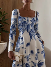 Blue Floral Classic Square Neck Long Sleeve A-Line Midi Dress