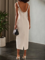 Off White Spaghetti Imitation Pearls Sheath Midi Dress