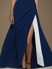 Royal Blue Stretch Crepe Round Neck Short Sleeves Dress With High Slit